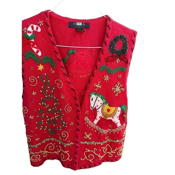 Segue Women's Red‎ Christmas Gold Beaded Rocking Horse Sweater Vest Size Large - Picture 2 of 8